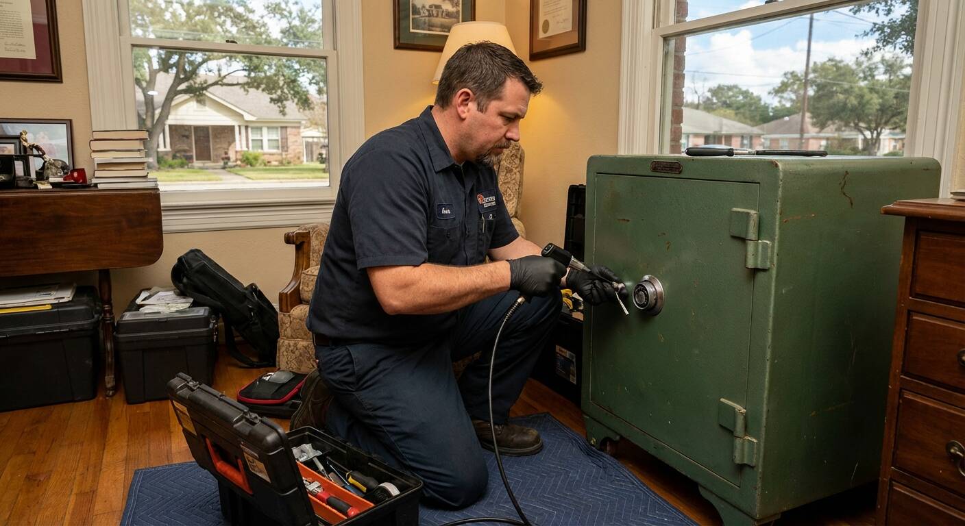Locksmith opening a locked home safe in Beaumont with professional tools